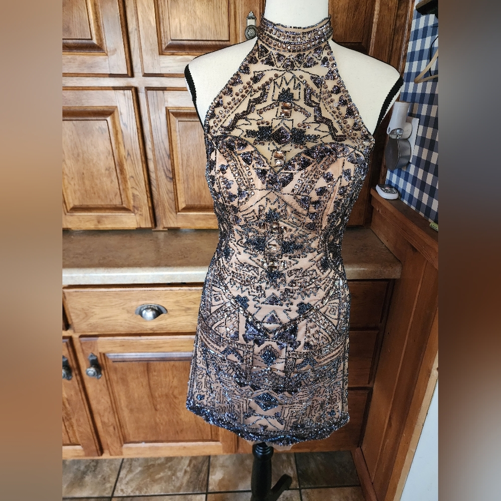Sherri Hill Nude and Black Beaded Halter Prom Dress